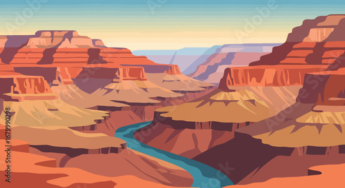 A stylized vector illustration of a majestic desert canyon landscape with a winding river flowing through red rock formations at sunrise
