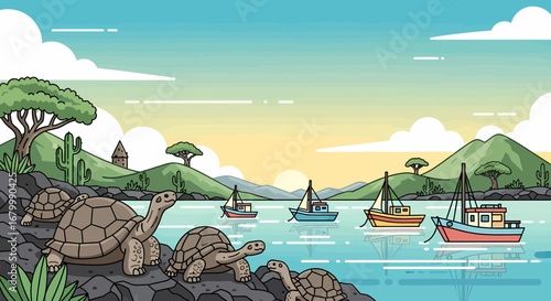 Peaceful Scene of Giant Tortoises by the Sea with Sailboats at Sunset