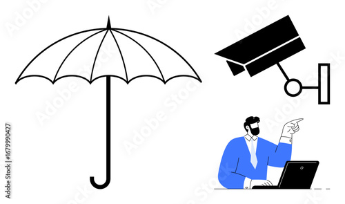 Black umbrella, surveillance camera, and man at desk pointing emphasize concepts thumbs up security, protection, vigilance, authority, insurance, safety measures and preparedness. Simple flat