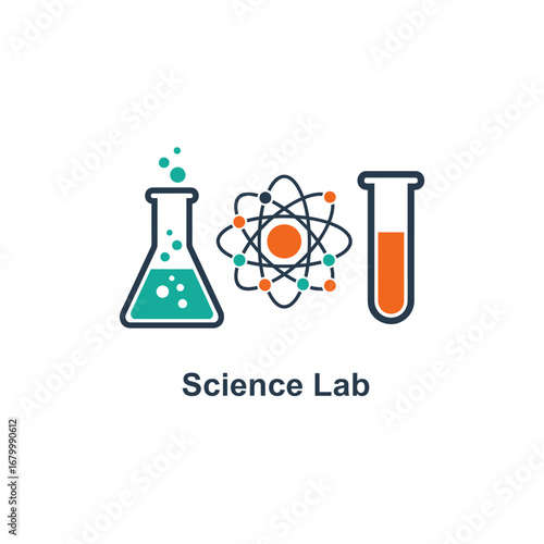 Science lab illustration featuring an atom, beaker, and test tube.