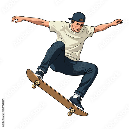 A young male skateboarder wearing a baseball cap performs a dynamic midair jump trick.
