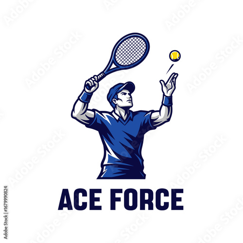 A powerful logo design featuring a tennis player about to serve.  Ace Force.