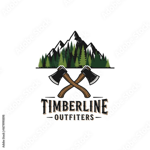 Timberline Outfitters logo featuring mountains, forest, and crossed axes.