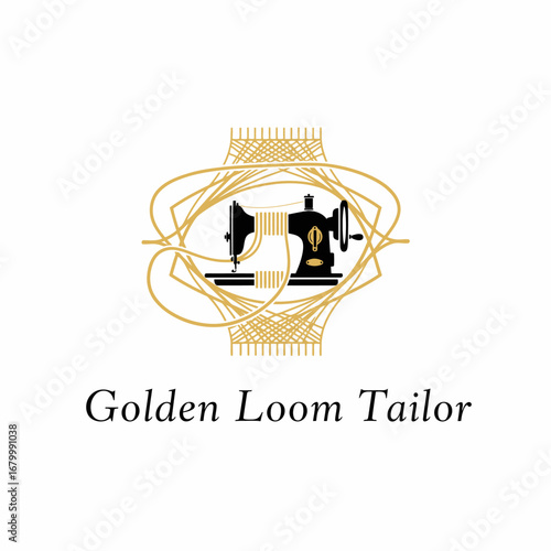 Logo featuring a vintage sewing machine, gold accents, and elegant design.