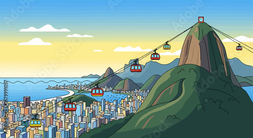 Vector illustration of a tropical coastal city with a cable car system ascending a prominent mountain peak at sunrise