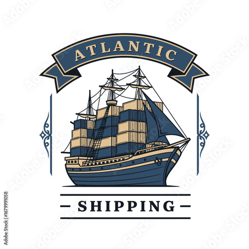 Vintage logo design featuring a cargo ship sailing the Atlantic Ocean.