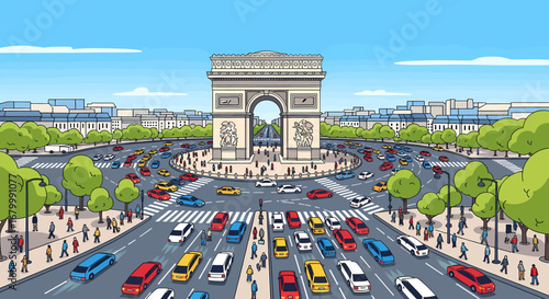 Busy Parisian intersection with Arc de Triomphe and heavy traffic, city life illustration