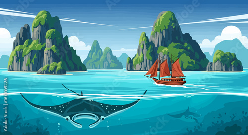 Vibrant tropical ocean illustration with a majestic manta ray and traditional sailboat amidst towering green islands