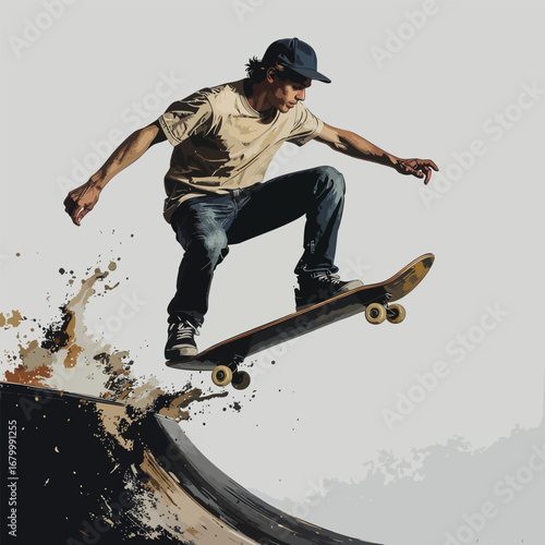 Action shot of a young man skateboarding catching air off a ramp with a dynamic splash effect.