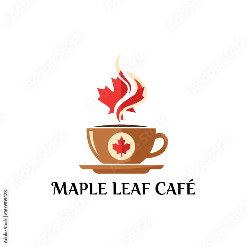 A vibrant logo for a Canadian coffee shop, featuring a maple leaf and a steaming cup of coffee.