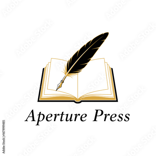 Elegant logo design featuring a quill pen on an open book. Represents Aperture Press.