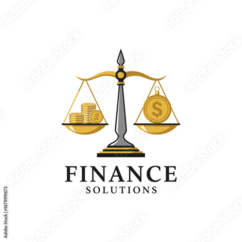 A logo depicting scales balancing coins and a dollar coin, symbolizing financial solutions and stability.