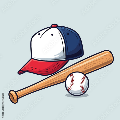 Cartoon illustration of baseball equipment including a wooden bat ball and a red white and blue cap.