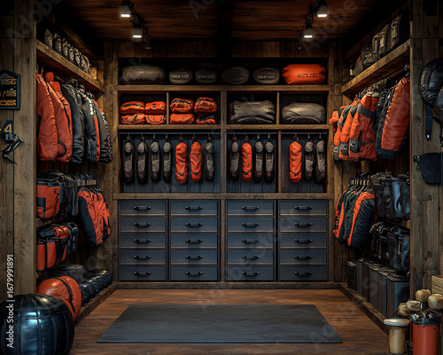 Rustic Wooden Closet with Organized Collection of Dark Red and Black Bags