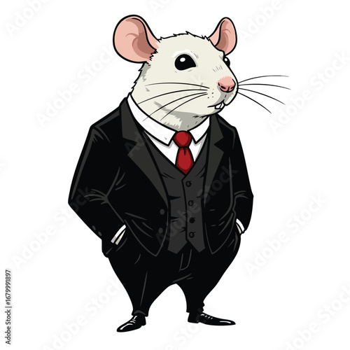 Dapper white rat character dressed in a formal black threepiece business suit and red tie.