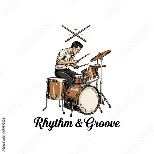 A vintage illustration of a drummer playing his kit.  Rhythm and groove are emphasized.
