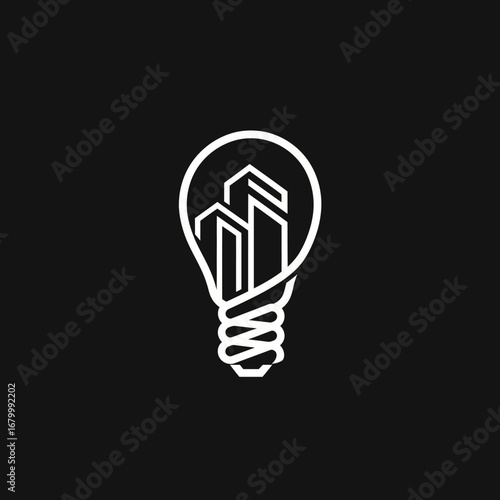 A minimalist logo depicting buildings inside a lightbulb, symbolizing bright urban ideas.