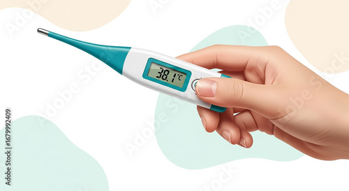 Hand holding digital clinical thermometer showing high fever