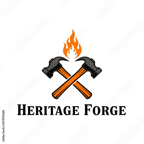 A logo featuring crossed hammers and a flame, symbolizing Heritage Forge.