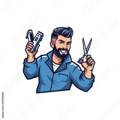 A cheerful barber with a beard, holding hair clippers and scissors.