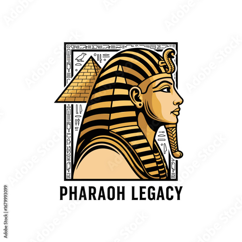 A striking illustration of an Egyptian Pharaoh, showcasing ancient symbols and a pyramid.