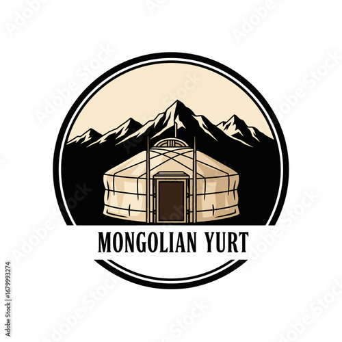 Mongolian yurt nestled in mountains. Nomadic life symbol.