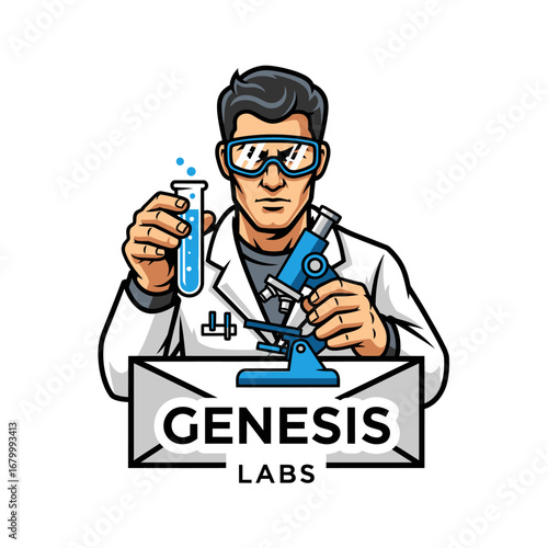 A logo for Genesis Labs featuring a scientist using a microscope and test tube.