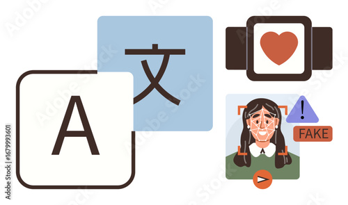 A language character and letter, smartwatch heart icon, AI face recognition flagging fake avatar. Ideal for technology, AI innovation, language tools, emotional analysis, digital security, deepfake