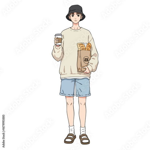 Stylish young man in a bucket hat and sweatshirt holding a coffee and a bag of bread.