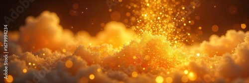 Close-up of gleaming golden steam, rising from a metallic surface, illuminated with warm light, creating a luxurious and ethereal atmosphere , bright, abstract, steam