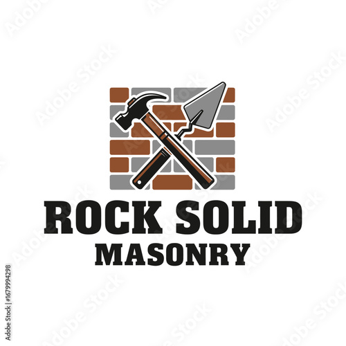 Rock Solid Masonry logo featuring crossed hammer and trowel on brick wall.