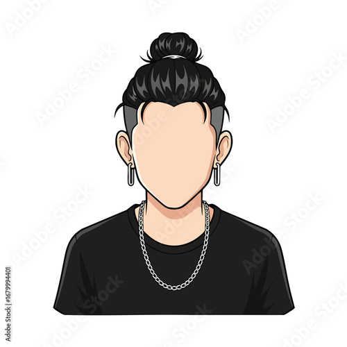 Vector illustration of a faceless young man with a top knot hairstyle undercut and silver jewelry.