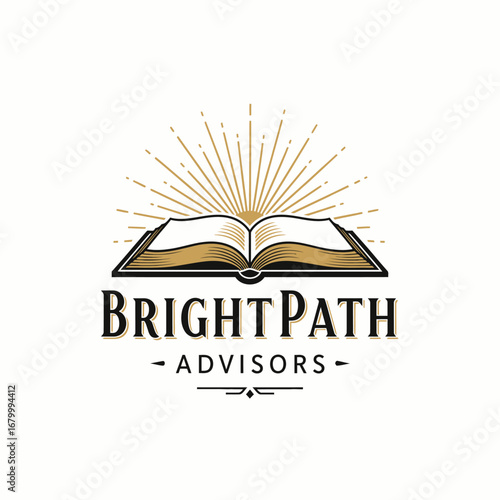 Logo design for Bright Path Advisors featuring an open book illuminated by a sunburst.
