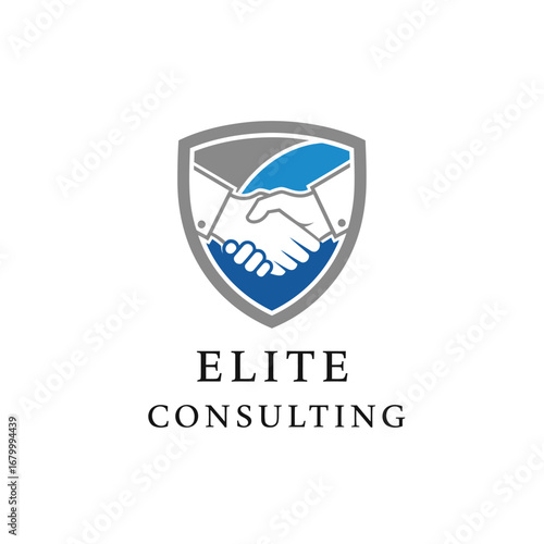 Elite Consulting logo showcasing a handshake within a shield, symbolizing trust and partnership.