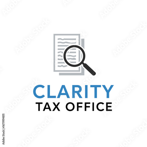 Clarity Tax Office logo featuring documents and magnifying glass symbolizing precise tax solutions.