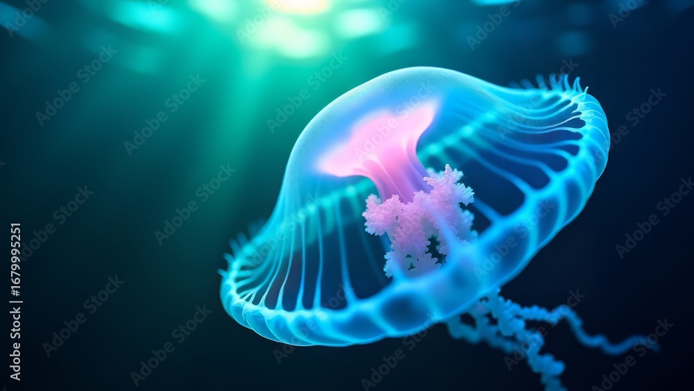 Fototapeta premium Translucent jellyfish floating underwater in deep ocean