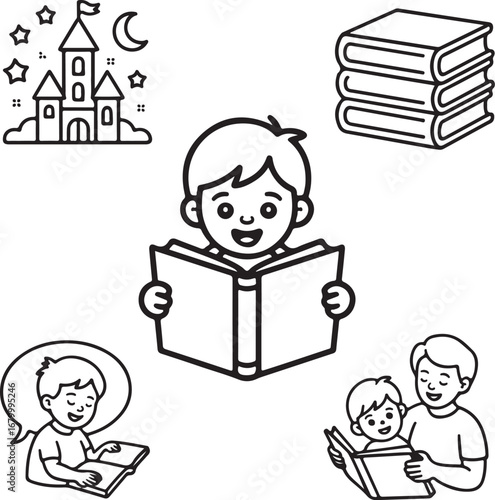 Children Reading and Storytime Outline Icons Set Books, Imagination, and Learning Symbols