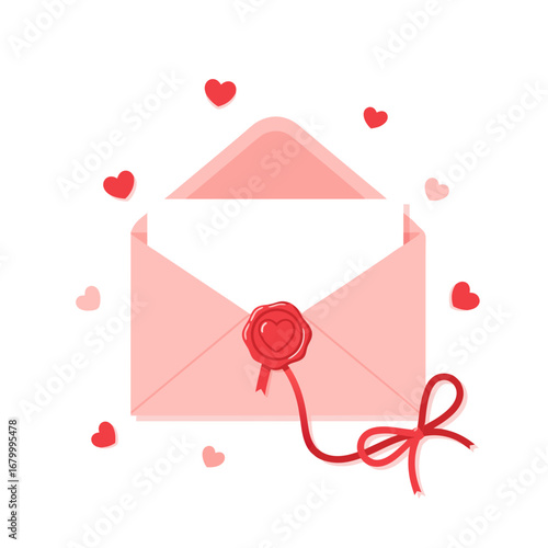Romantic love letter envelope with red wax seal and ribbon decoration for Valentine’s Day and wedding celebration