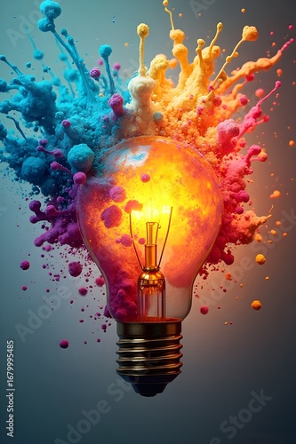 Exploding lightbulb with vibrant colorful bursts representing innovation and creative ideas