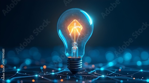 Glowing lightbulb illuminating innovation and ideas with connected network background