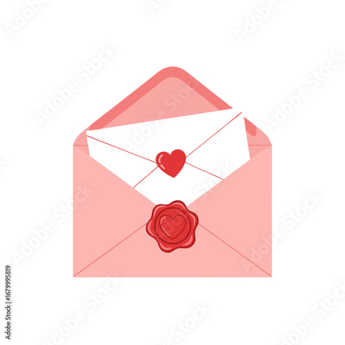 Romantic love letter envelope with red wax seal for Valentine’s Day card and message