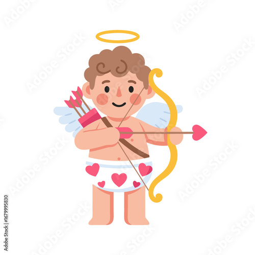 Playful cupid character with bow, arrow, and floating hearts symbolizing Valentine’s Day love