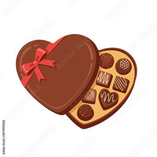 Heart shaped chocolate gift box with ribbon bow for Valentine’s Day love celebration