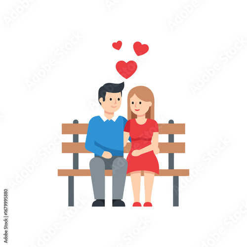 Romantic couple sitting on park bench surrounded by hearts for Valentine’s Day love theme