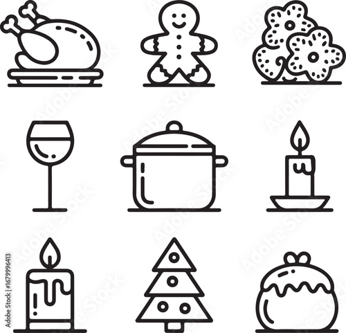 Christmas Feast Hand-Drawn Icon Pack Turkey, Gingerbread Cookies, Cooking Pot, Wine Glass, Candle, Christmas Tree, and Pudding