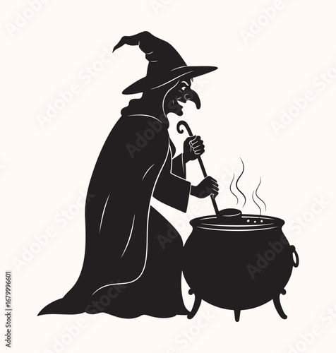 A stylized, dark silhouette of a wicked witch stirring a bubbling cauldron