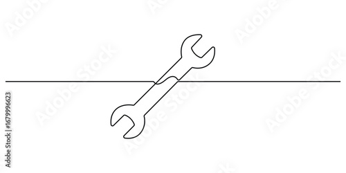 Mechanical wrench in one continuous line drawing black color isolated on white background. Style of self drawing, Adjustable wrench continuous one line drawing vector illustration
