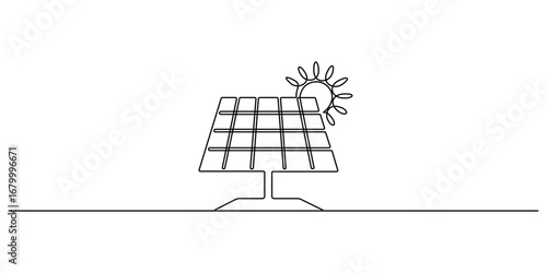 Continuous one line drawing of Solar panel with sun. Green clean energy and renewable resources in simple linear style. Doodle vector illustration