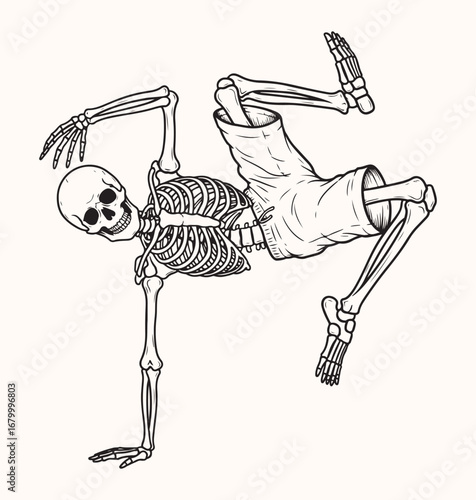 dancing skeleton character in shorts, performing a breakdance move, for Halloween and festive themes