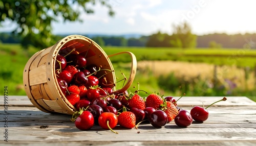 A wooden basket overflowing with ripe cherries and strawberries sits on a rustic wooden table, bathed in sunlight, against a backdrop of a lush green field.